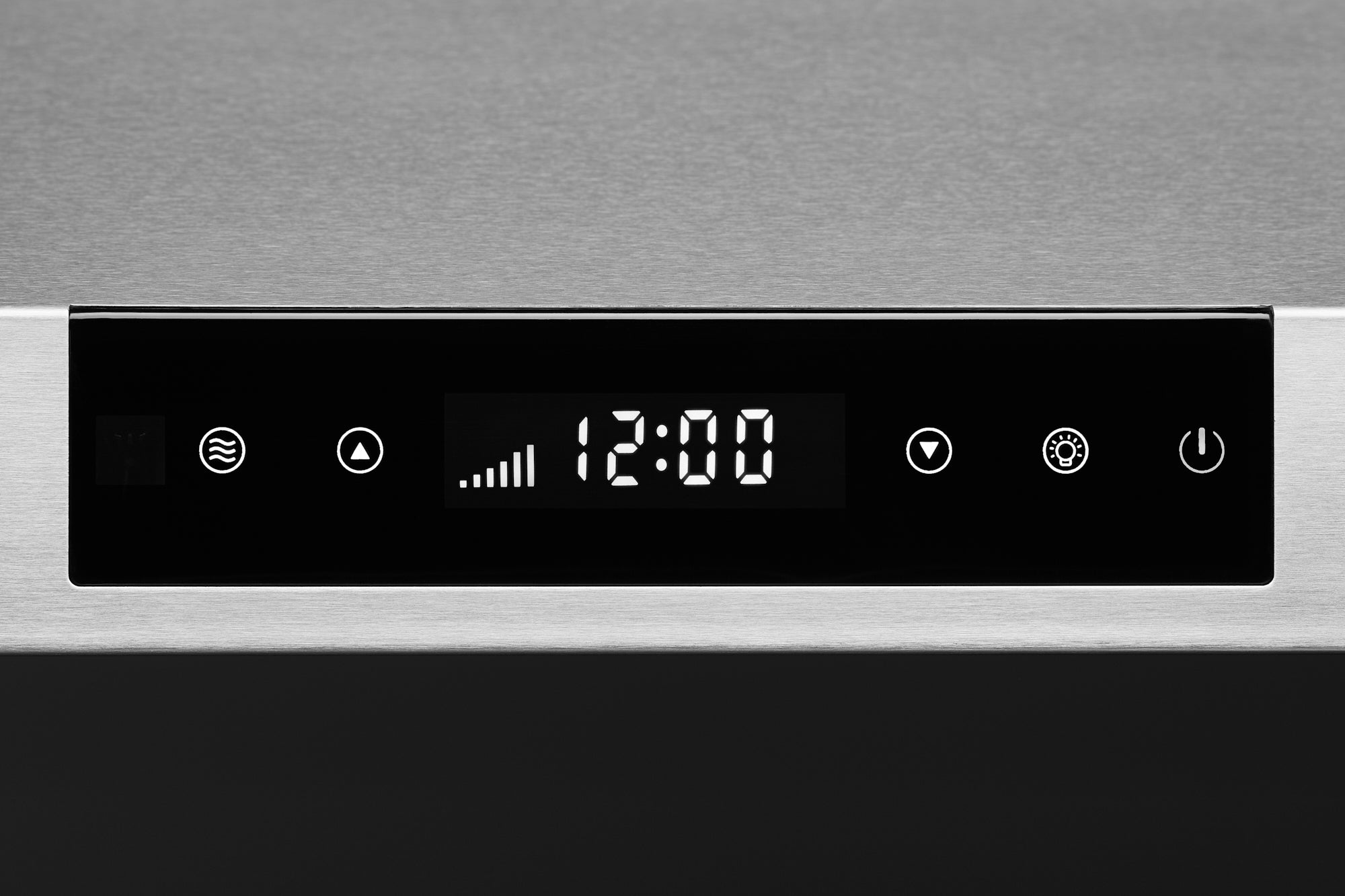 Black range hood touch control panel with digital time and icons