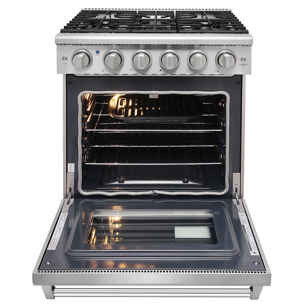 Stainless gas range with oven door open, showing interior racks and broiler area