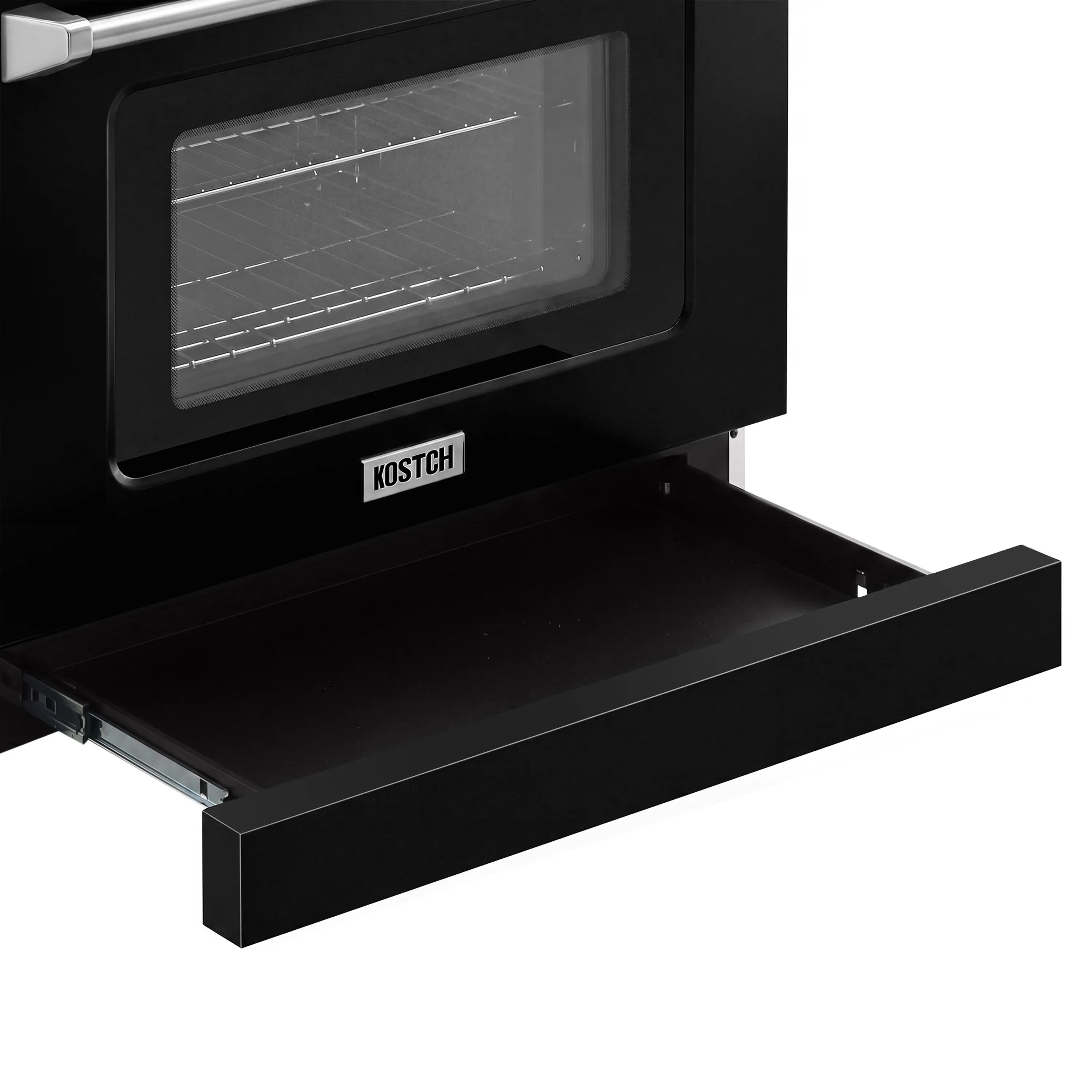 Open oven door on KOSTCH gas range with glass window and pull-out rack