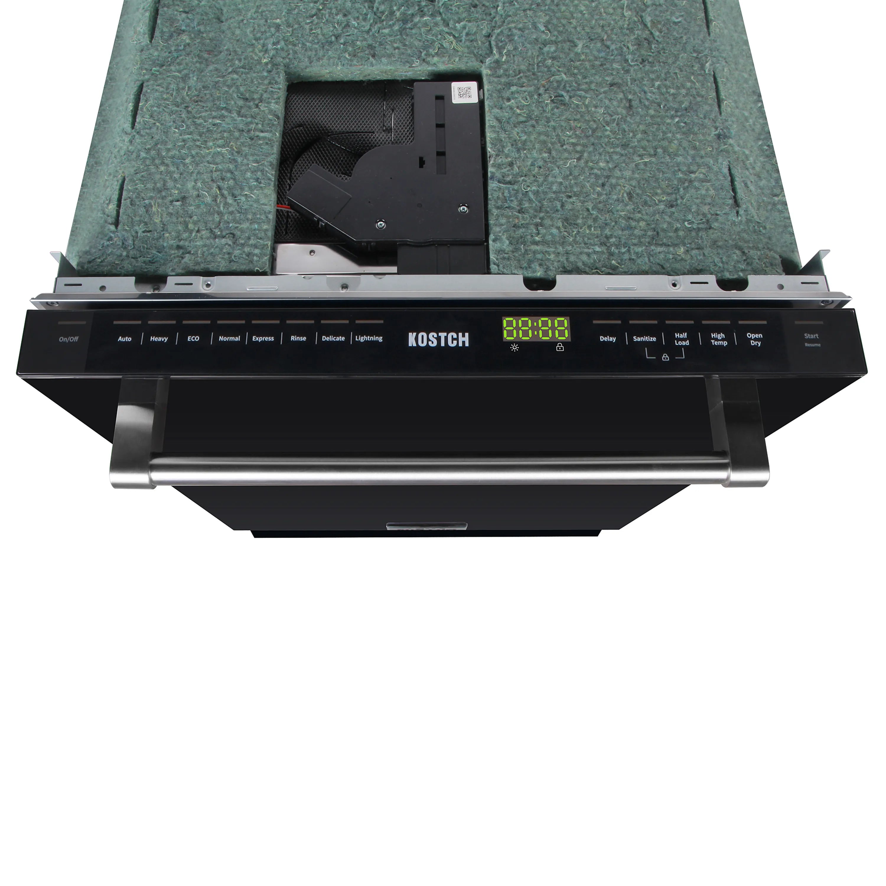 Dishwasher control panel with digital display and front handle