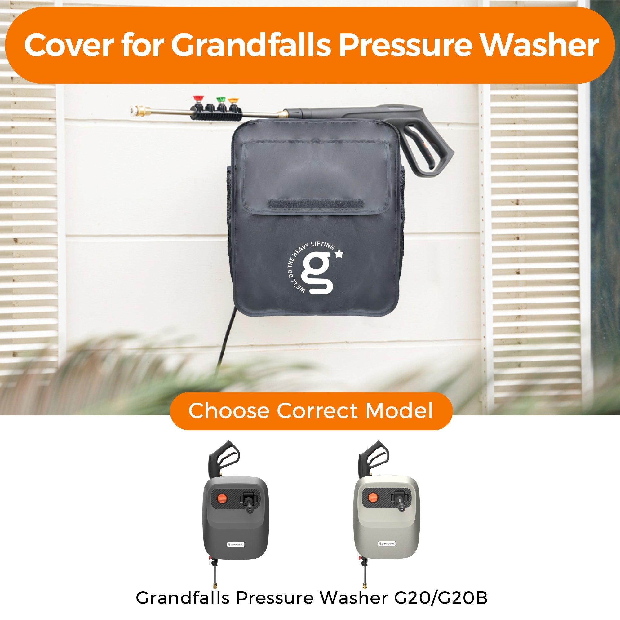 Retractable pressure washer cover bag, dark gray with orange handle loop and carry strap