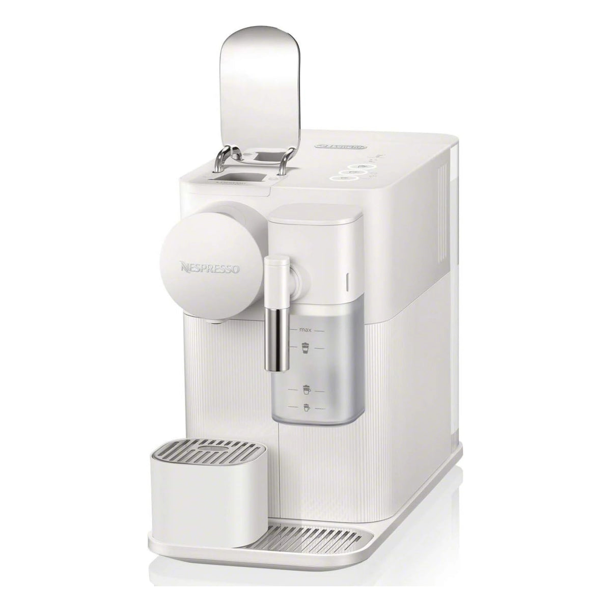 White single-serve coffee machine with lid, cup area, and drip tray on base