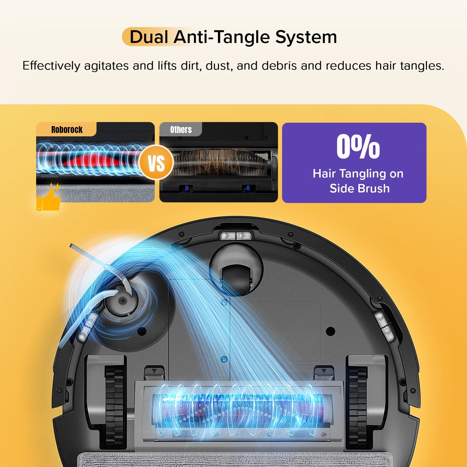 Black robot vacuum and mop underside with dual anti-tangle brush system and airflow