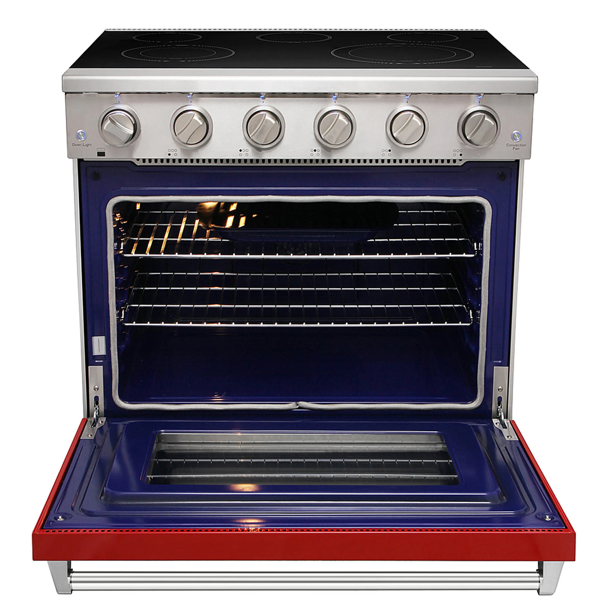 Red electric range with oven door open, blue interior, and wire racks