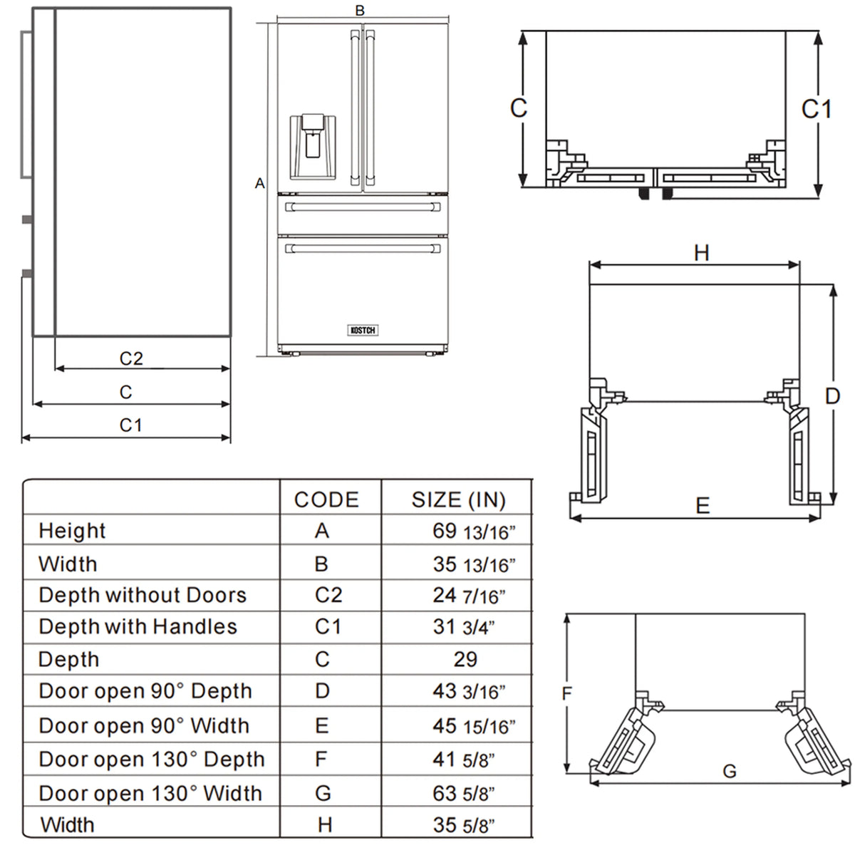 Refrigerator size and door clearance diagram with height, width, and depth measurements