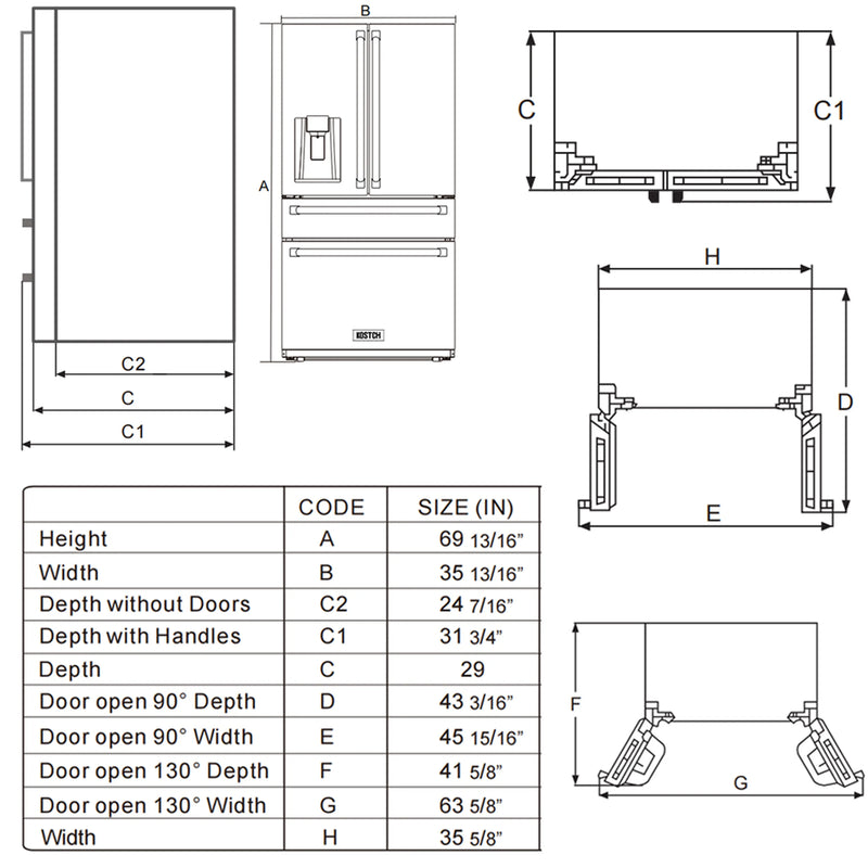 Kostch 36-Inch Counter-Depth Refrigerator with Ice Maker, Water & Ice Dispenser in Stainless Steel (KOS-36RFD07T-SS)