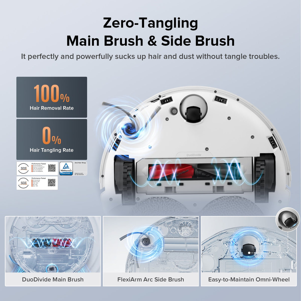 White robot vacuum top view showing main brush and side brush with airflow