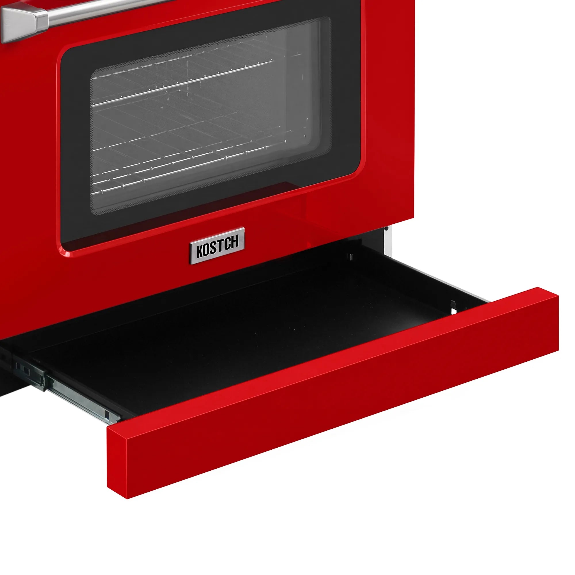 Electric range with open oven door and black interior cavity in red and white