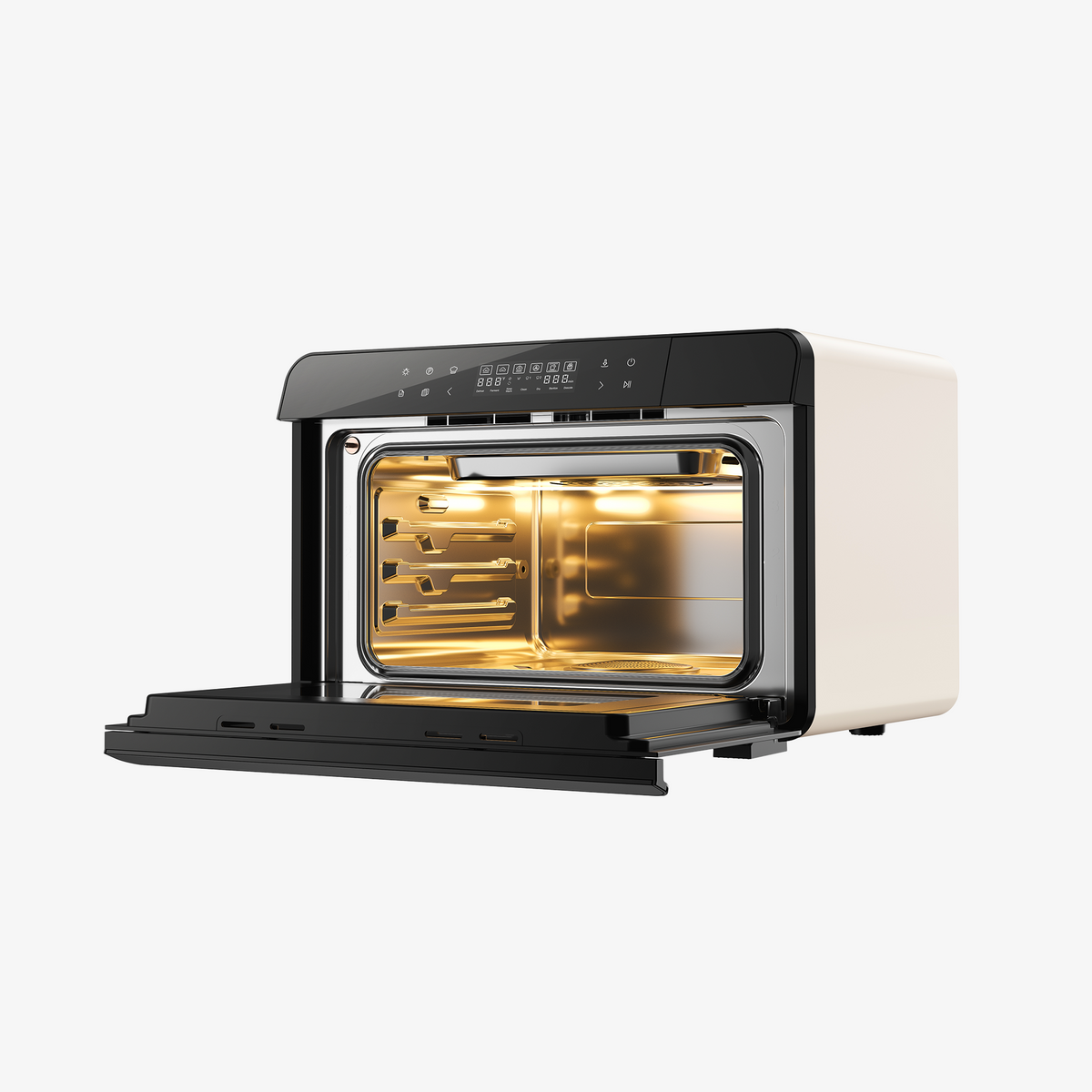 Cream-white ROBAM combi steam oven with open door and illuminated interior