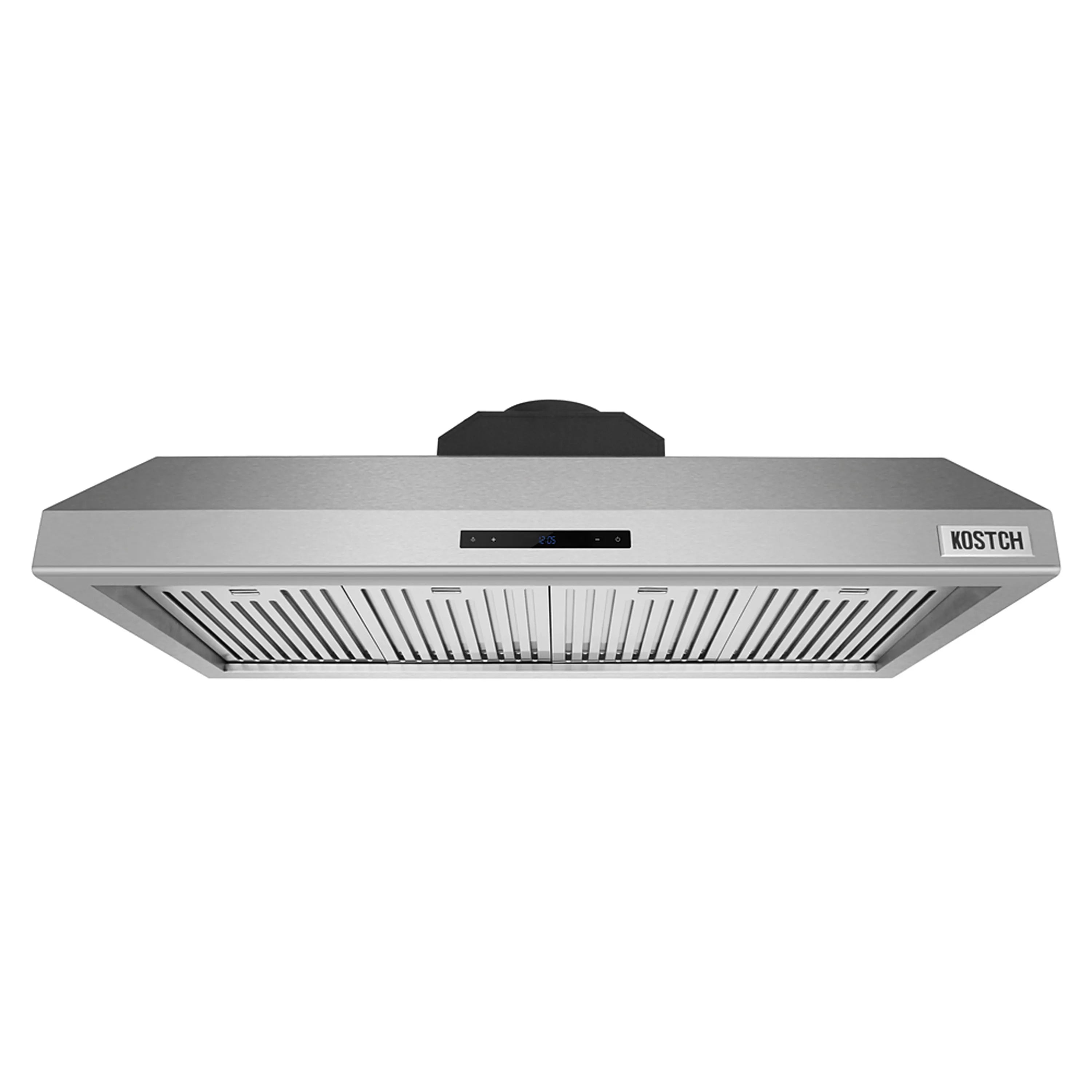 Stainless steel range hood underside with vent slats and black chimney