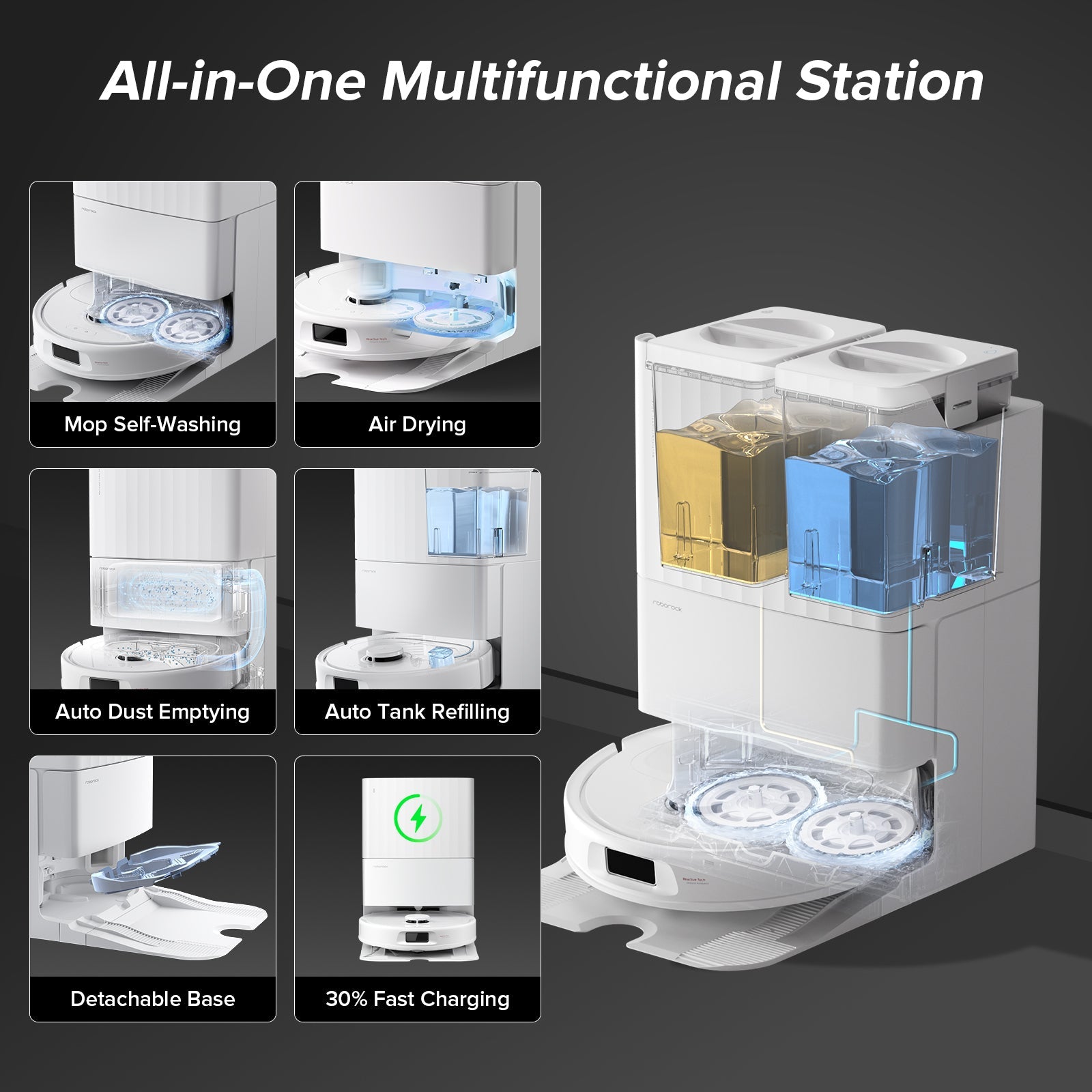White multifunctional dock station with transparent water and dust compartments