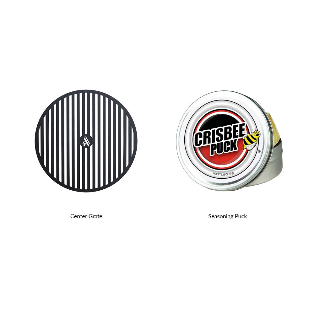 Grill accessories for storage base: center grate and seasoning puck