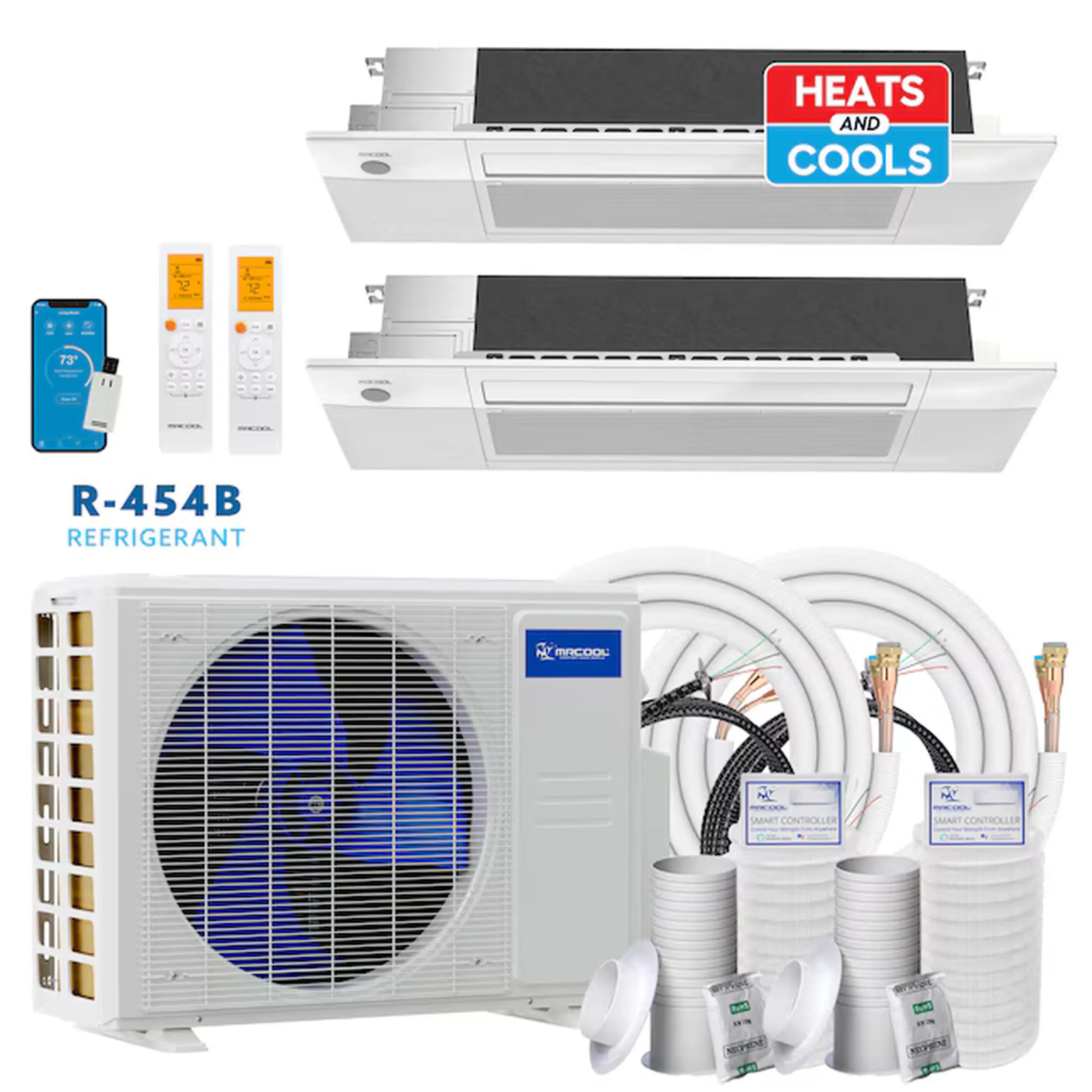 Ductless mini split system with dual ceiling cassettes, outdoor unit, tubing and remotes