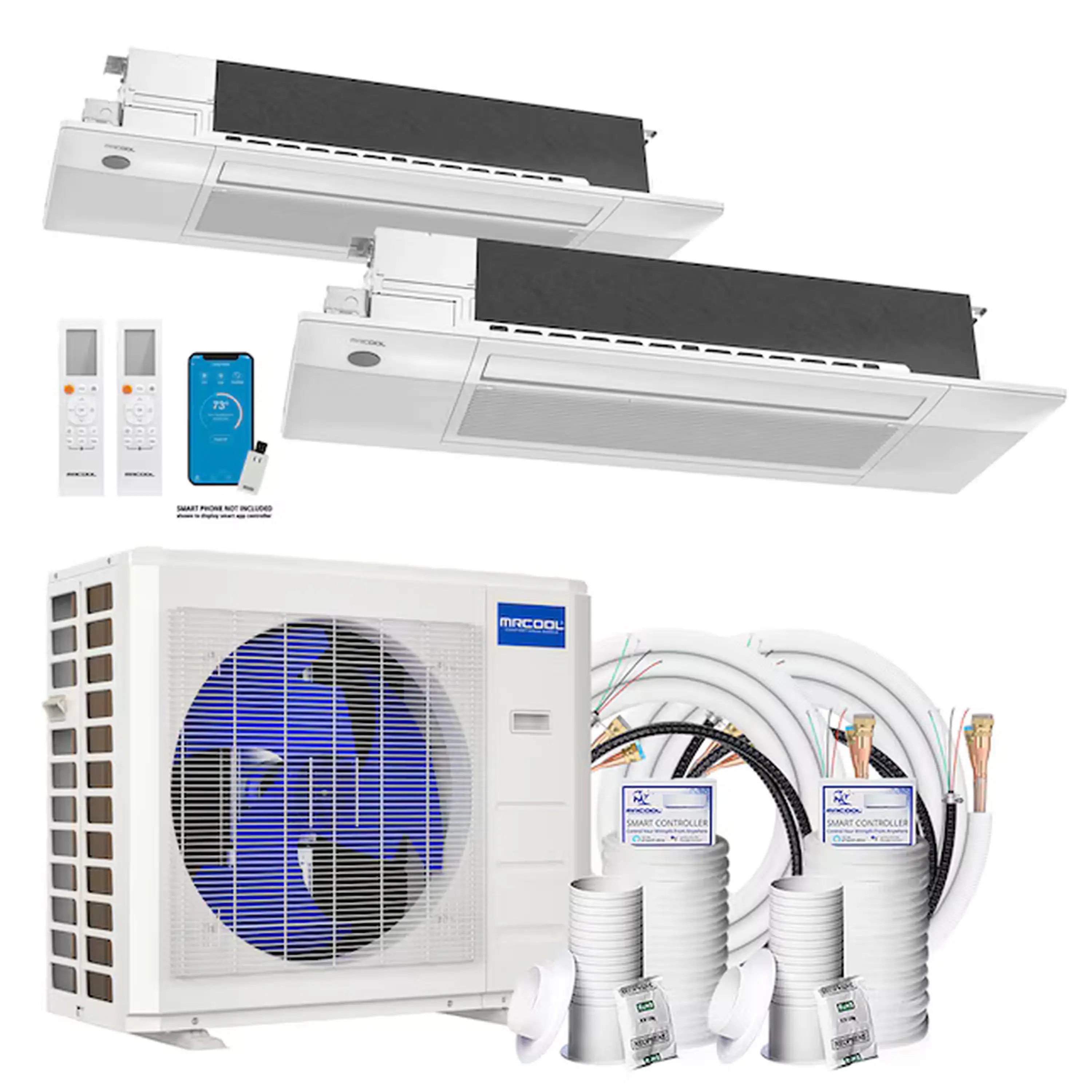 White 2-zone ductless mini split ceiling cassette indoor unit set with remote and line set