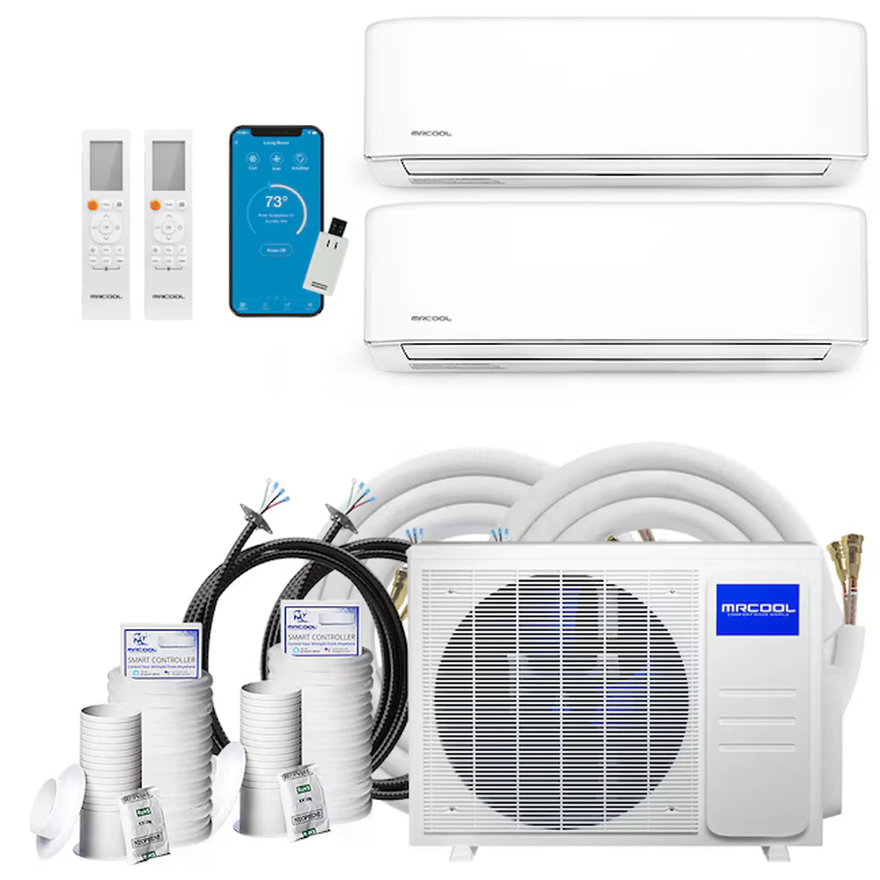 Ductless mini split air conditioner with two white wall-mounted indoor units and outdoor components