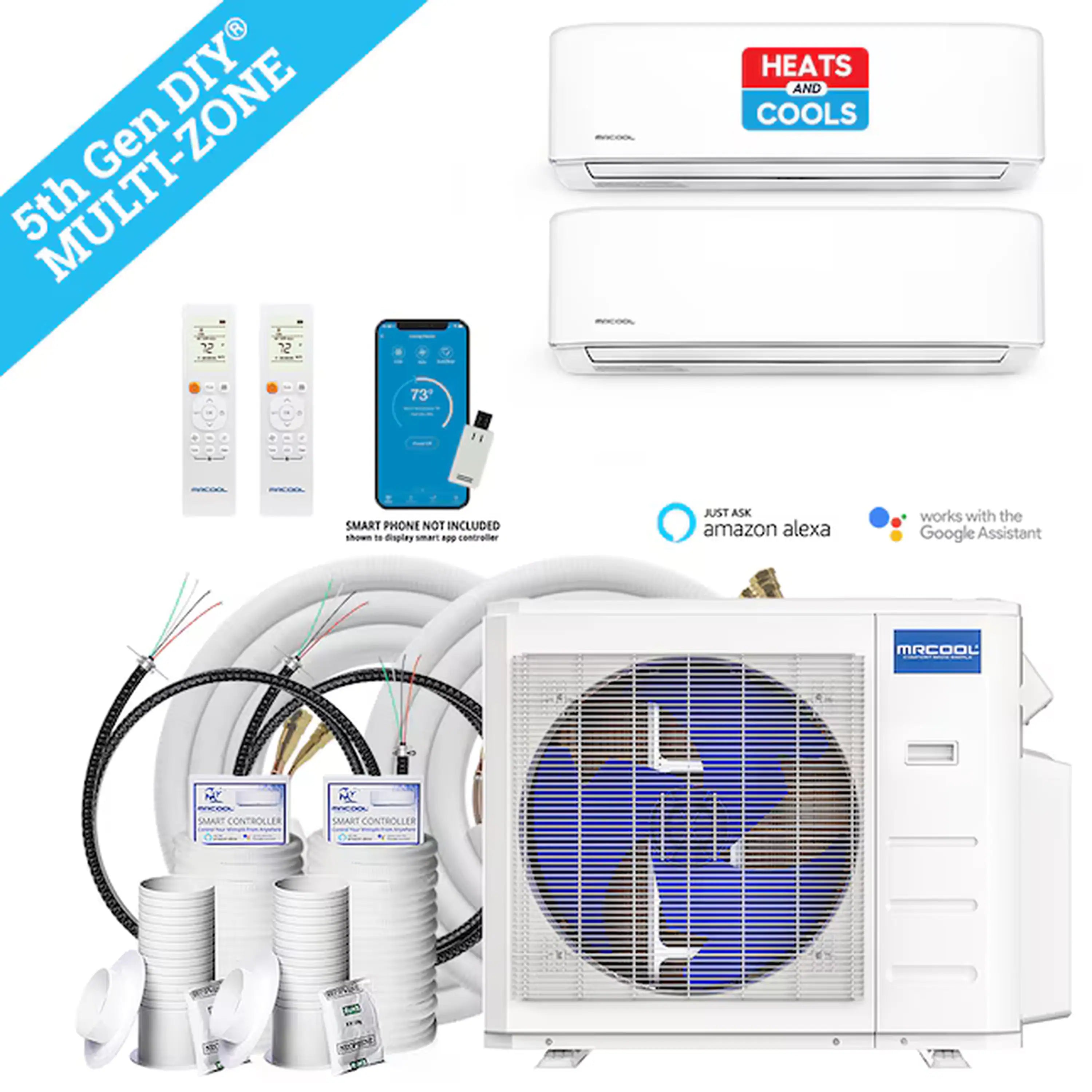 MRCOOL dual-zone ductless mini split set with two indoor wall units and outdoor unit