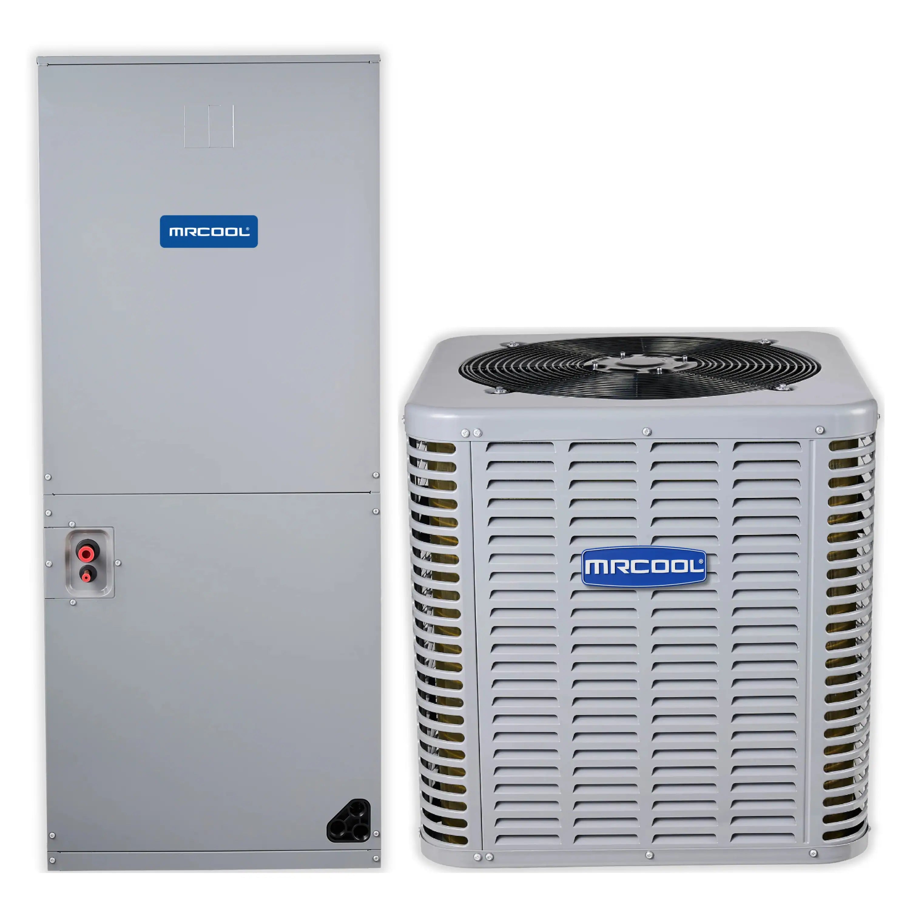 MRCOOL heat pump condenser with gray cabinet and top fan grille, side service ports