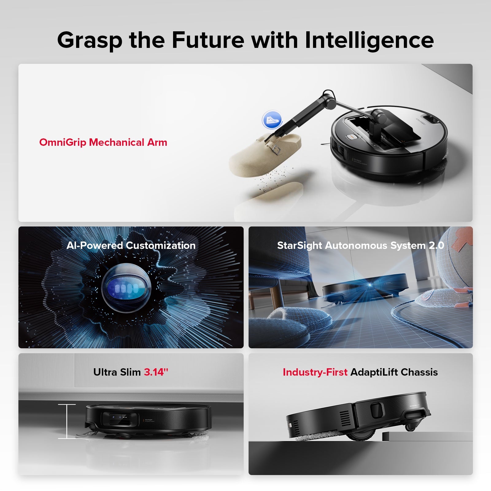 Robot vacuum with OmniGrip mechanical arm, showcased with mop and docking base