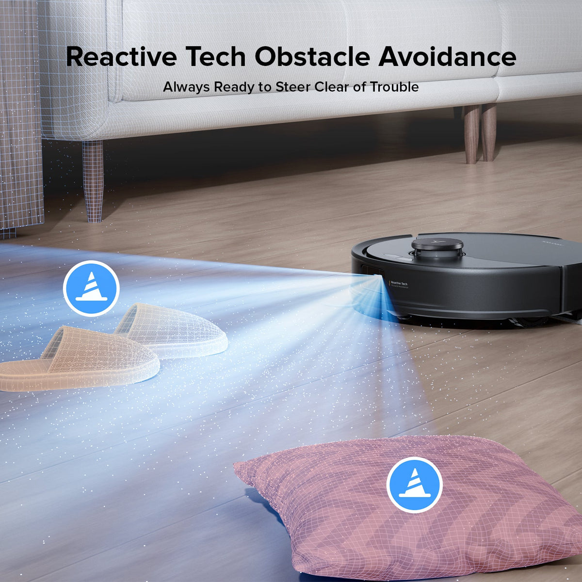 Black robot vacuum moving on wood floor near obstacles and rug, obstacle avoidance