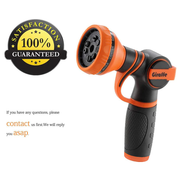 Orange-and-black garden hose nozzle with front dial and contoured textured handle