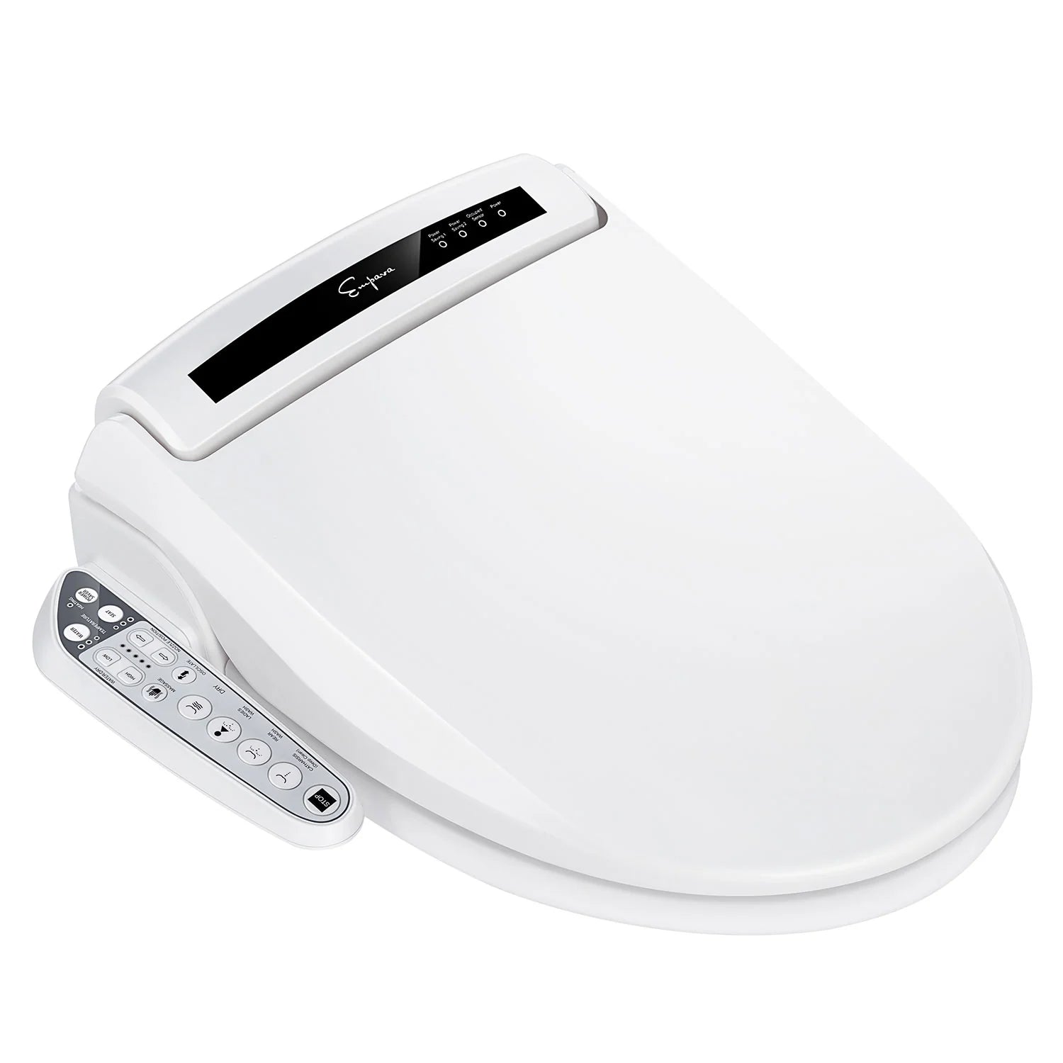 Electric bidet seat lid with black display strip and side control panel, white