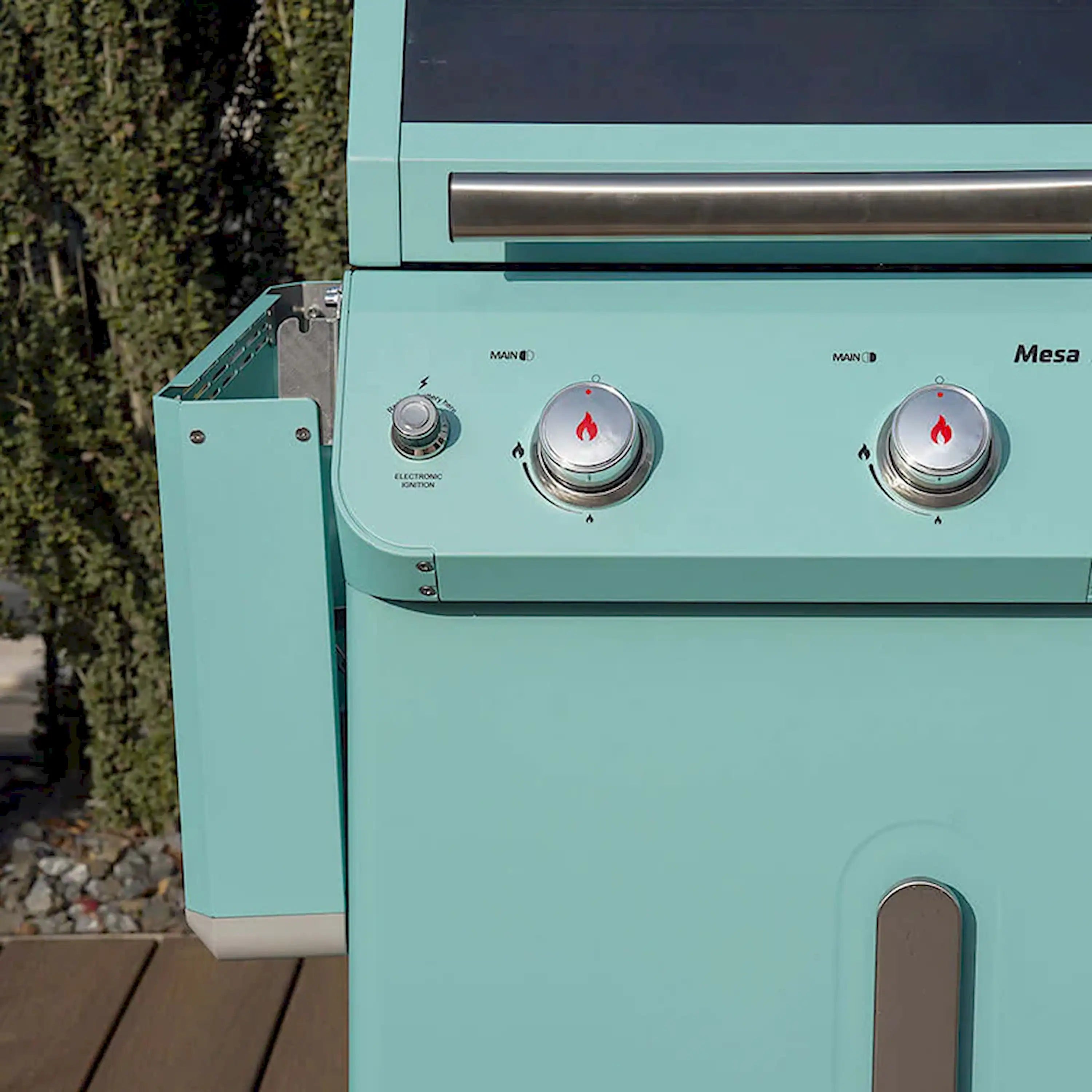 Green 2-burner propane grill control panel with three knobs and label text