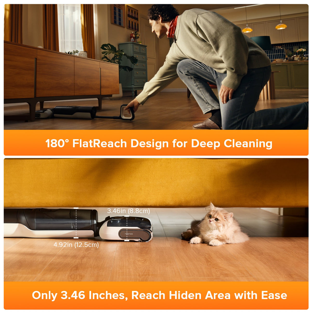 Robot vacuum cleaner for wet and dry cleaning, on wooden floor near sofa