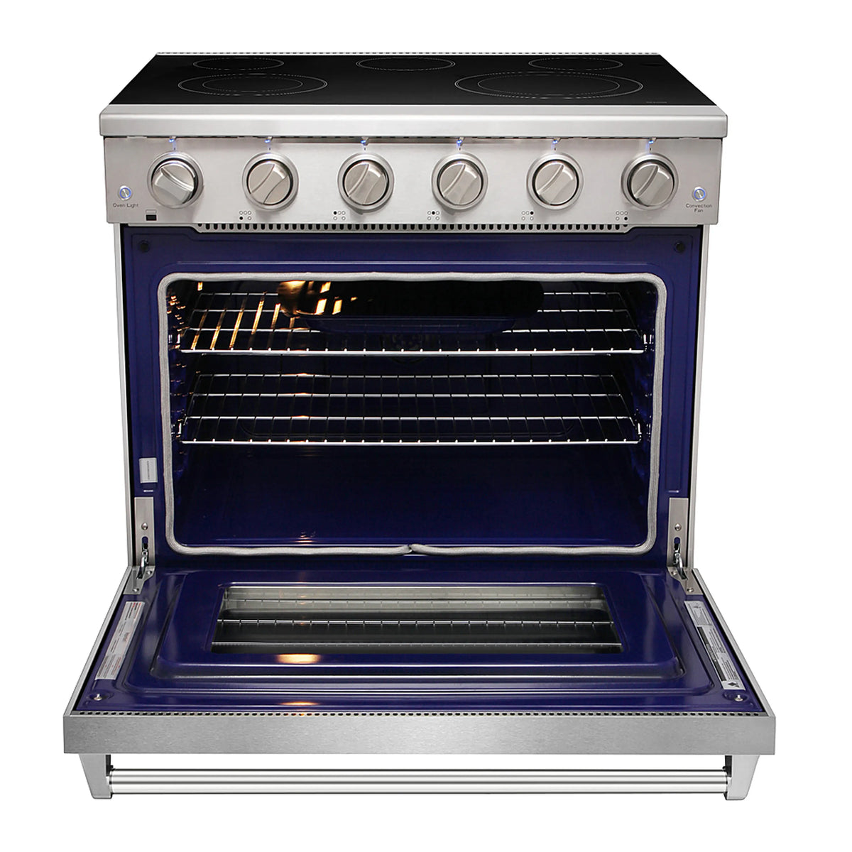 Stainless steel electric range with black glass cooktop and open blue convection oven door