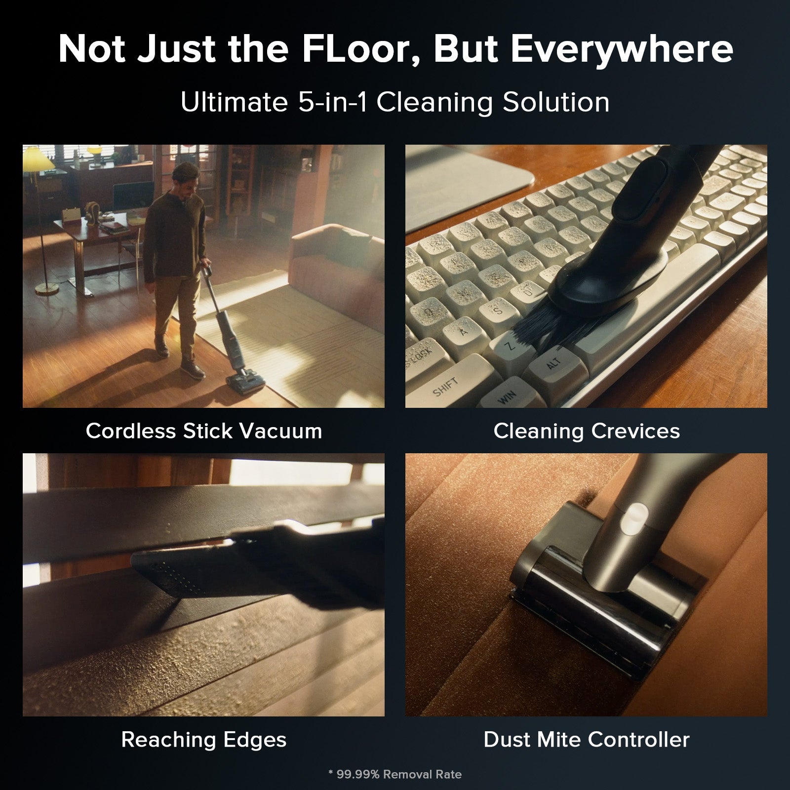 Cordless stick vacuum with floor head and crevice tool for edges and hard surfaces