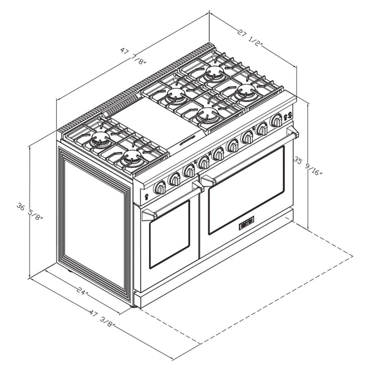 Line drawing with dimensions of a 48-inch propane gas range