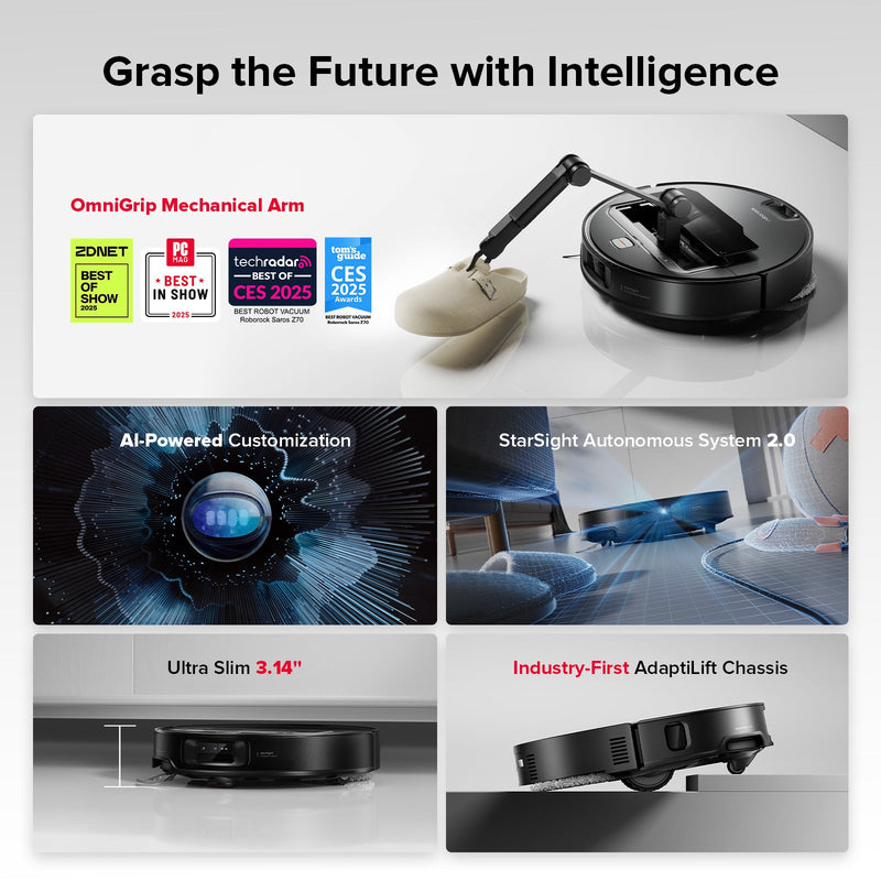Roborock Saros Z70 Ultra-Slim Robot Vacuum with OmniGrip™ Mechanical Arm, 22000 Pa Suction Power
