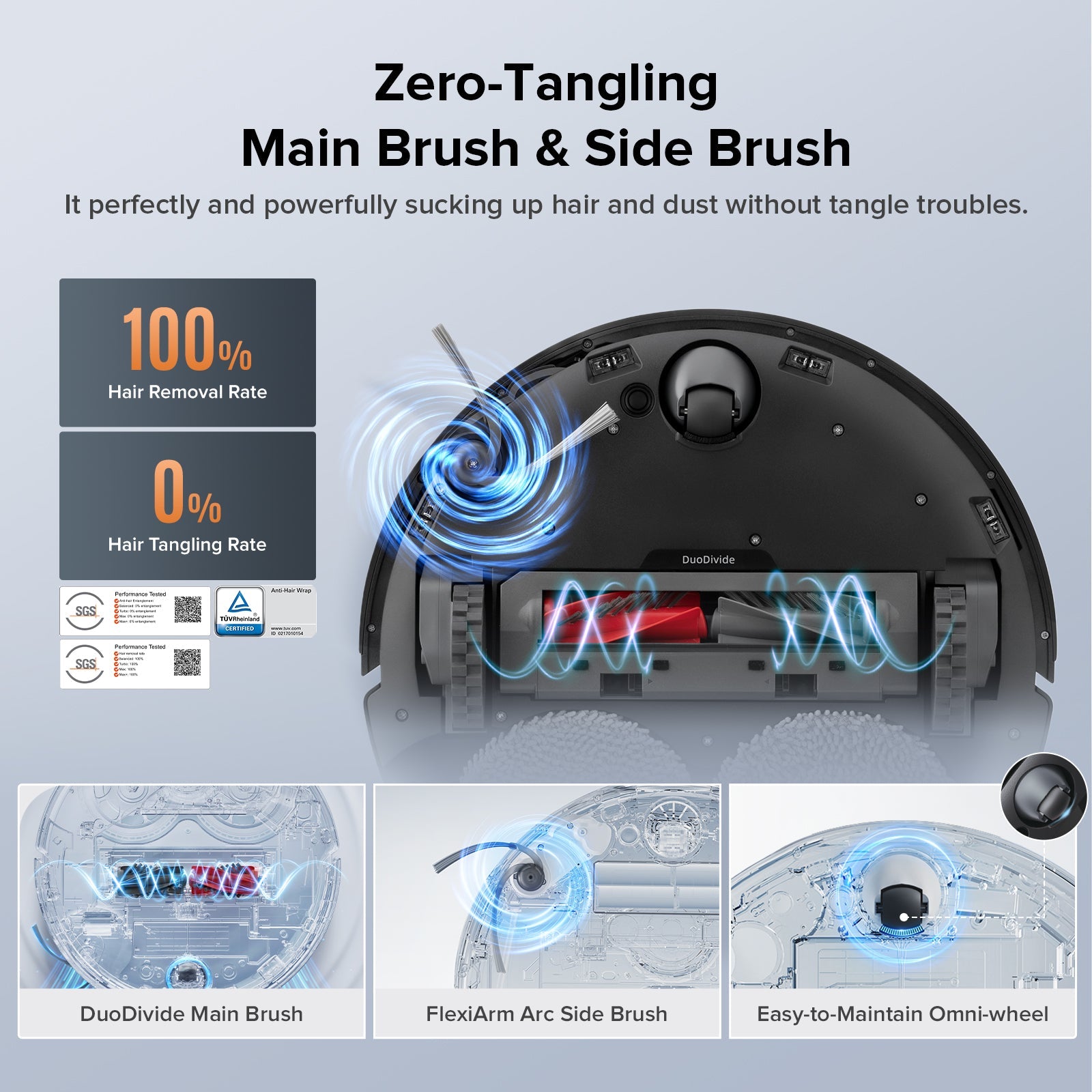 Robot vacuum top view highlighting main brush and side brush with airflow lines