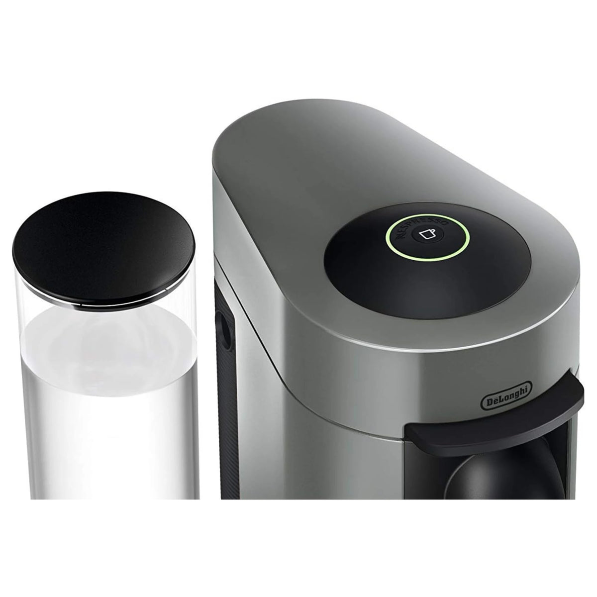 De'Longhi Nespresso VertuoPlus machine close-up of top controls and green button