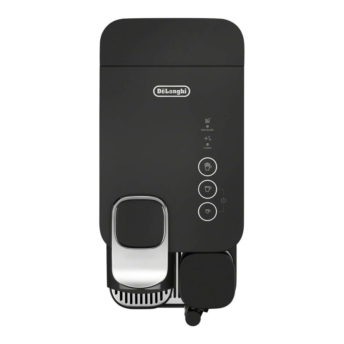 Black De'Longhi Nespresso espresso machine front with controls and nozzle