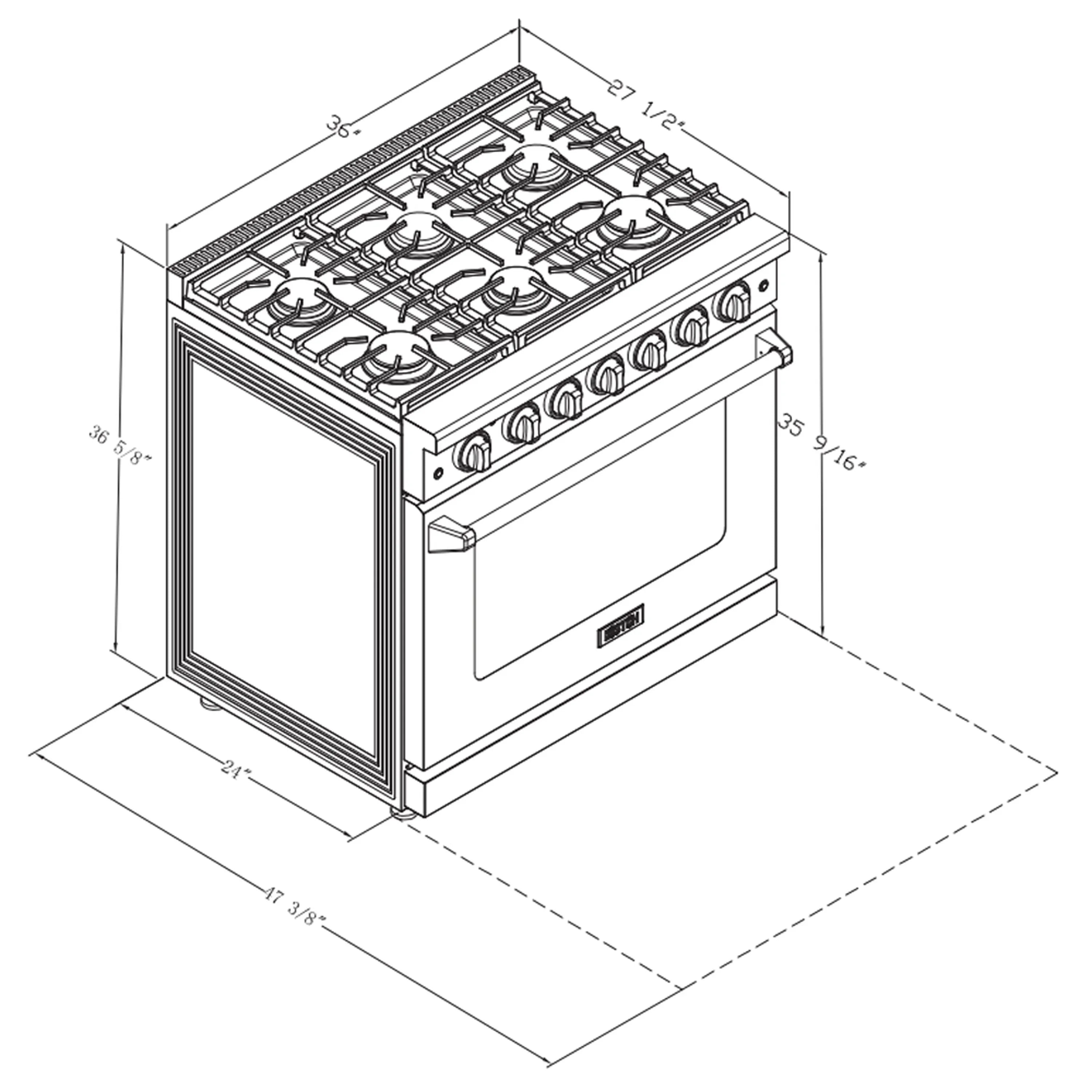 Stainless steel 6-burner propane gas range with oven shown with size dimensions