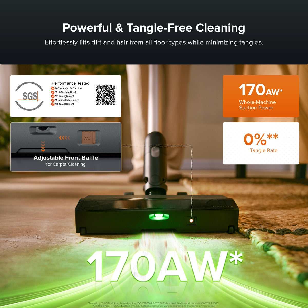 Cordless stick vacuum nozzle on carpet with illuminated suction head glow