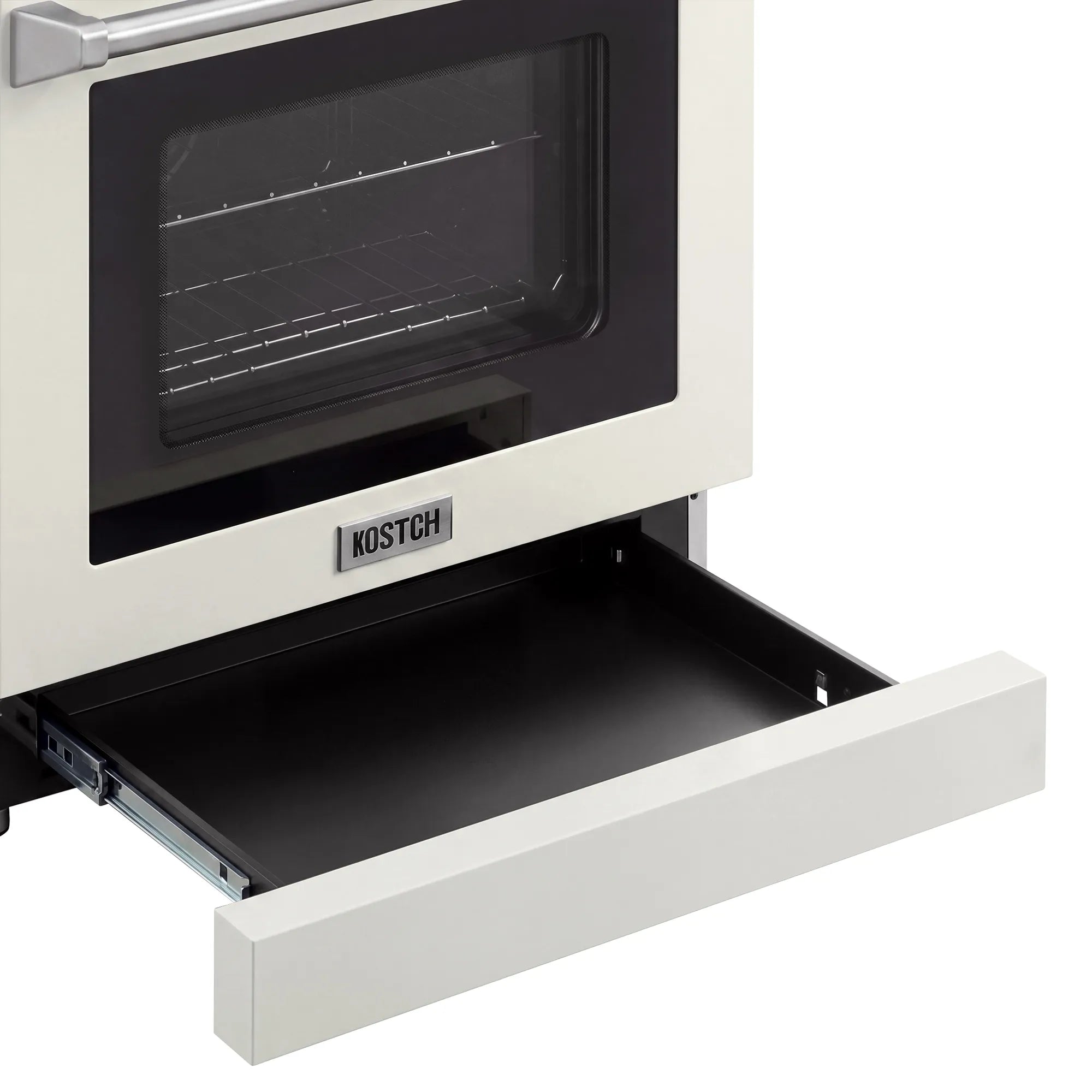 Electric range with open oven door showing black interior and KOSTCH nameplate