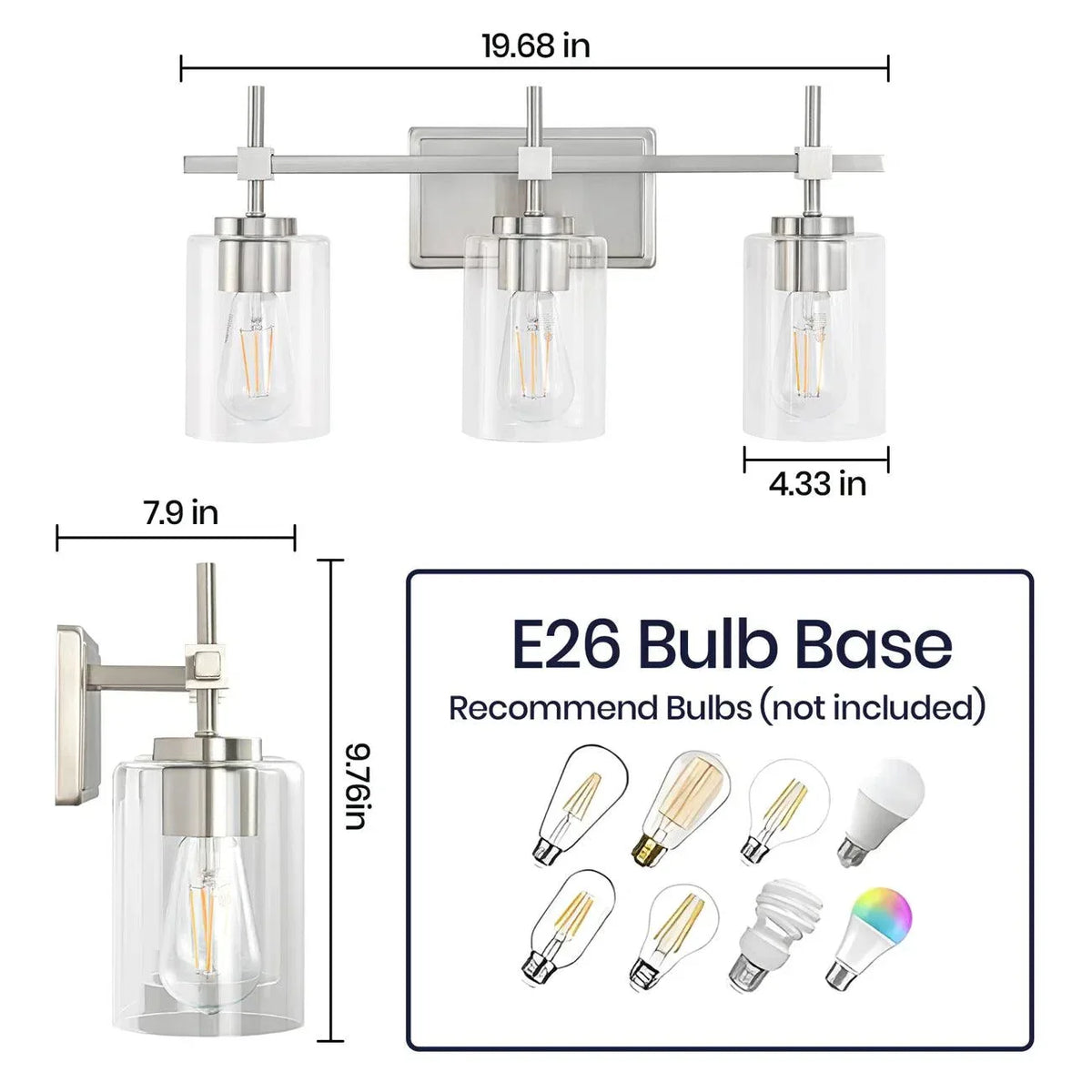 Brushed nickel 3-light vanity light dimensions with clear glass shades