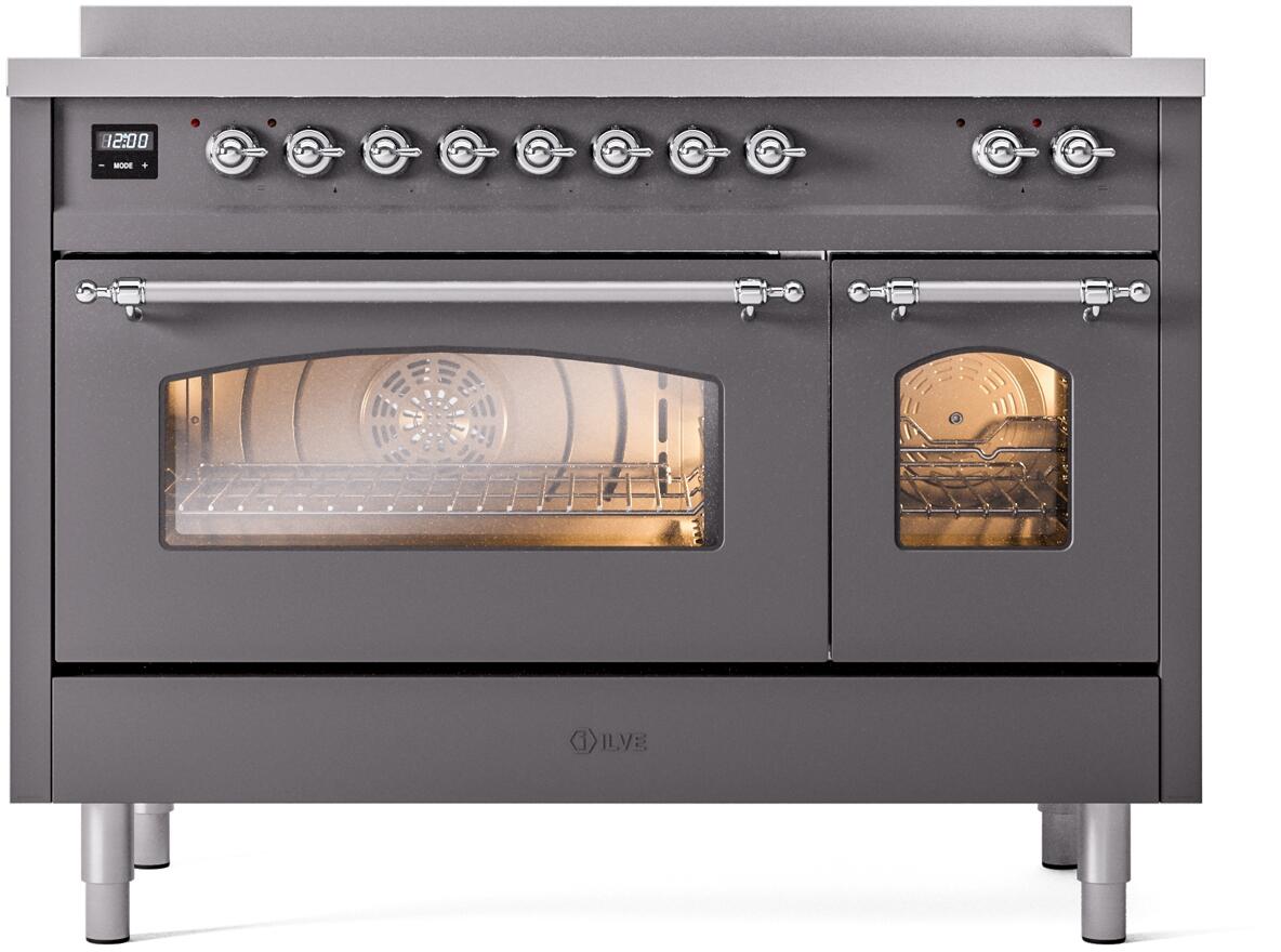 Freestanding induction electric range, matte graphite with chrome knobs and oven windows