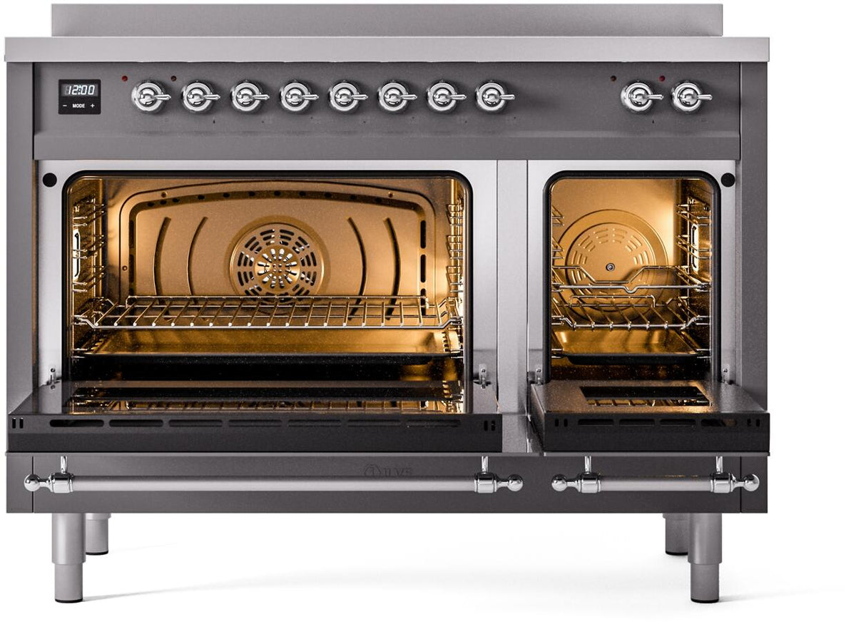 Matte graphite electric induction range with chrome knobs and two lit oven doors open