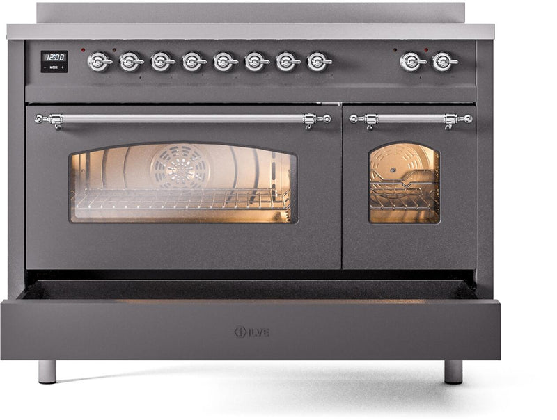 ILVE Nostalgie II 48-Inch Freestanding Electric Induction Range in Matte Graphite with Chrome Trim (UPI486NMPMGC)