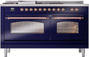 ILVE Nostalgie II 60-Inch Propane Gas Dual Fuel Range with 7 Burners, Griddle, & French Top with Triple Glass Door Oven in Midnight Blue with Copper Trim (UP60FSNMPMBPLP)
