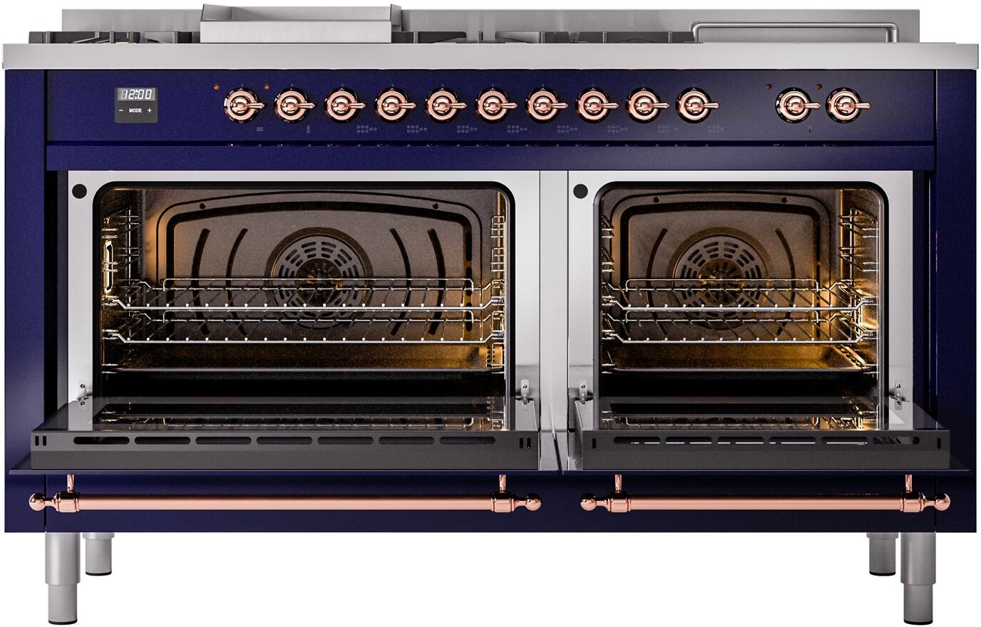 Midnight blue dual fuel range with two open glass oven doors and copper trim handles