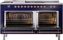 ILVE Nostalgie II 60-Inch Natural Gas Dual Fuel Range with 7 Burners, Griddle, & French Top with Triple Glass Door Oven in Midnight Blue with Copper Trim (UP60FSNMPMBP)