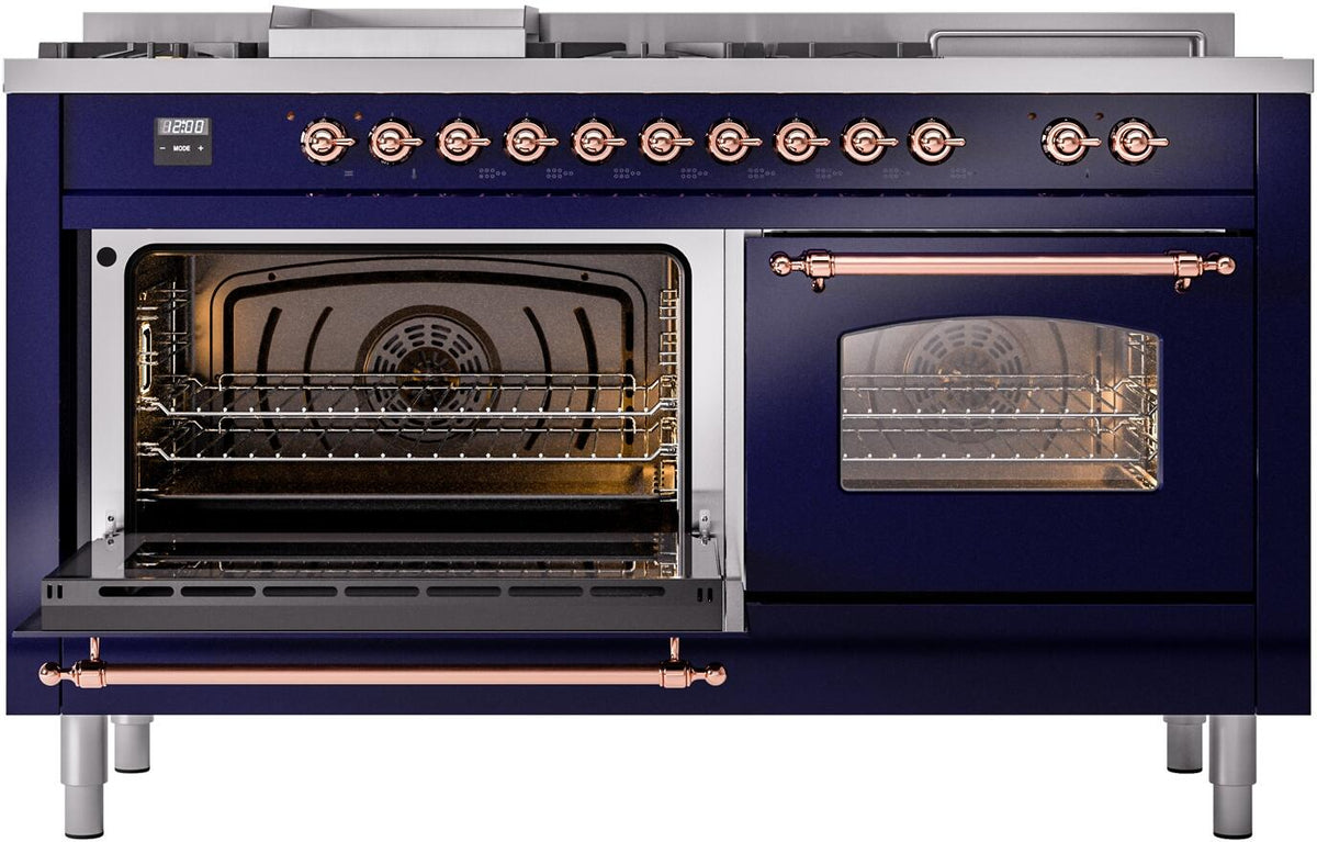 Midnight blue dual fuel range with open left oven and right triple-glass oven door