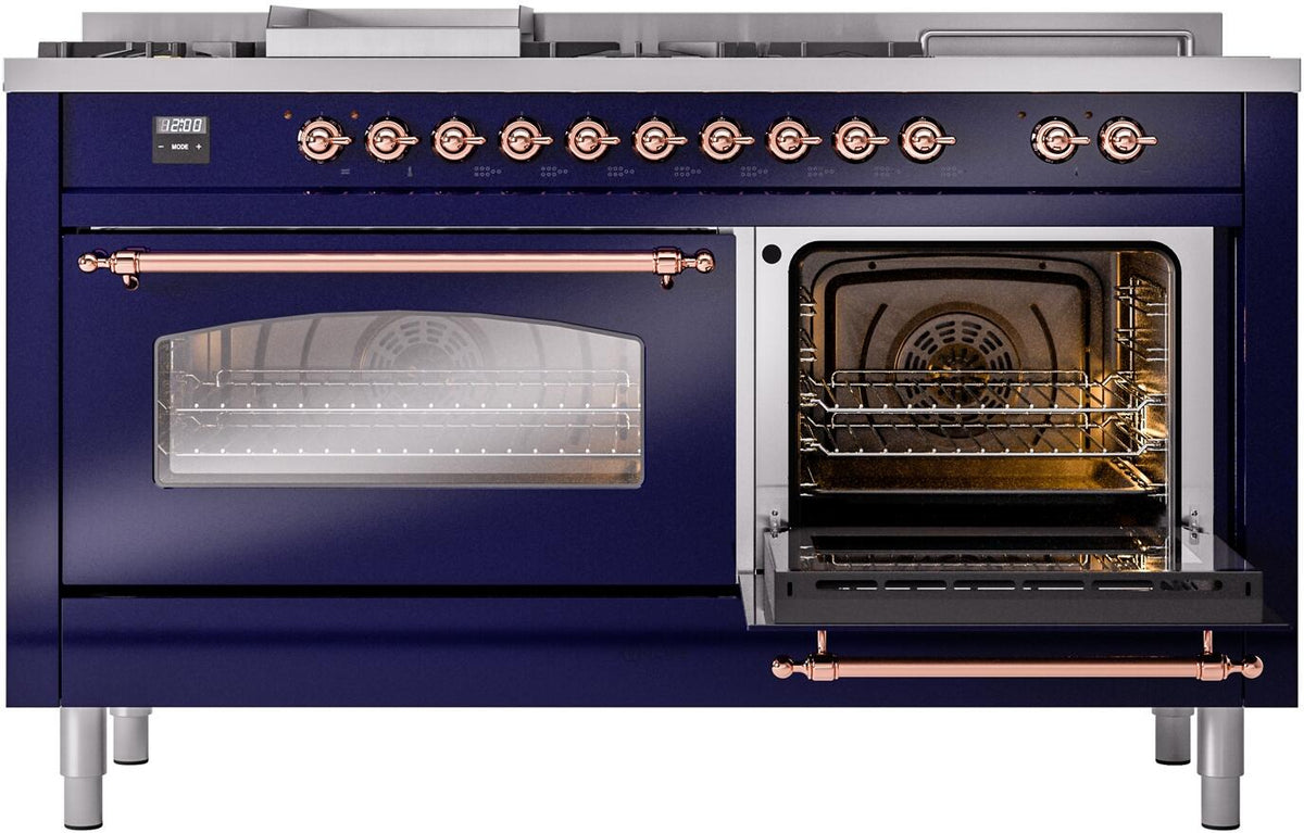 Midnight blue dual fuel range with one glass oven door and one open oven