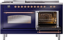 ILVE Nostalgie II 60-Inch Propane Gas Dual Fuel Range with 7 Burners, Griddle, & French Top with Triple Glass Door Oven in Midnight Blue with Copper Trim (UP60FSNMPMBPLP)