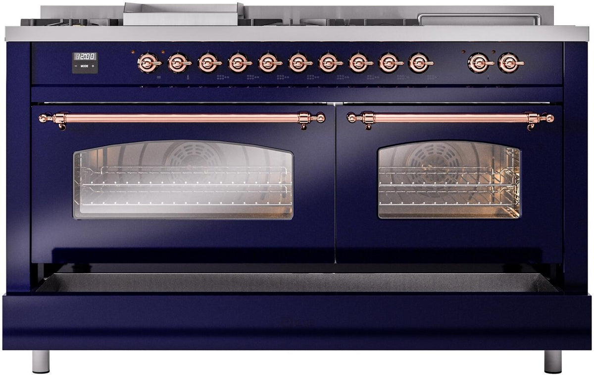 Midnight blue dual fuel range with two glass oven doors and copper bar pulls