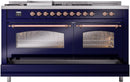 ILVE Nostalgie II 60-Inch Propane Gas Dual Fuel Range with 7 Burners, Griddle, & French Top with Triple Glass Door Oven in Midnight Blue with Copper Trim (UP60FSNMPMBPLP)