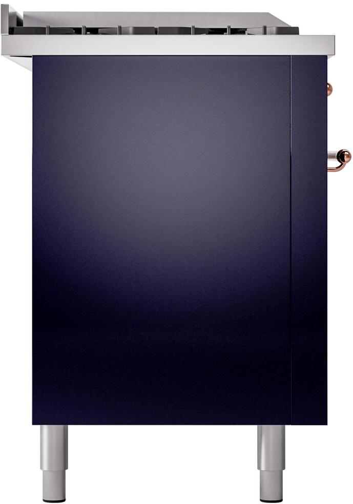 Midnight blue range side panel with top vented grille and copper control knob